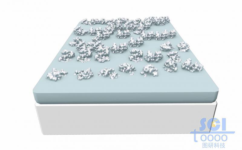 硅/氧化物基底板上生長出高分子團簇的宏觀示意