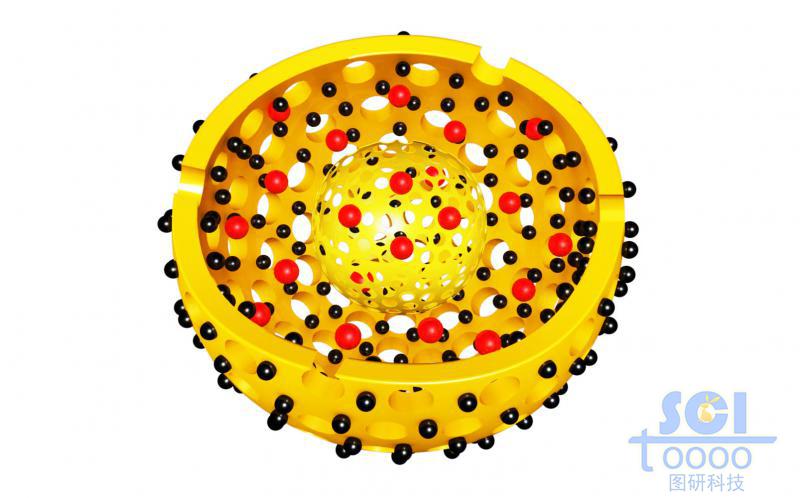 帶二分之一切口的雙層介孔球/硅球/納米顆粒內(nèi)腔帶DOX藥物，外層附著雜質(zhì)顆粒