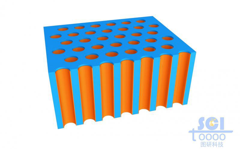 前端帶剖面的納米孔道及孔道內(nèi)生長納米柱的示意圖