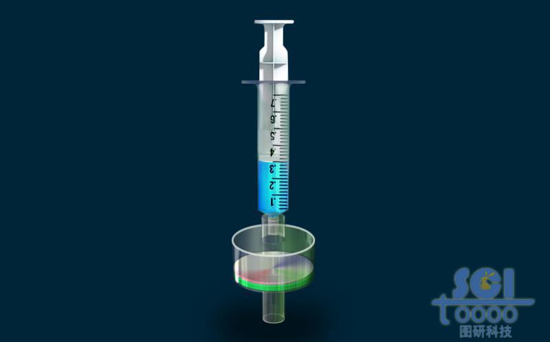 帶藍(lán)色液體的注射器和細(xì)菌培養(yǎng)皿